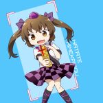  1girl blue_background blush bow brown_eyes brown_hair cellphone cellphone_camera character_name checkered checkered_skirt hair_bow hat himekaidou_hatate phone pigeon-toed skirt solo tokin_hat touhou twintails yamabuki_(yusuraume) 