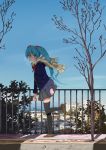  1girl aqua_eyes aqua_hair breath cardigan cityscape hair_bobbles hair_ornament hatsune_miku itoshige loafers long_hair looking_at_viewer looking_to_the_side one_leg_raised scarf school_uniform shoes skirt sky solo steam thigh-highs tree twintails very_long_hair vocaloid walking 