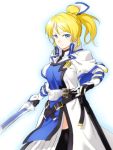  1girl ayase_eli blonde_hair breasts fingerless_gloves gloves guilty_gear hair_ribbon ky_kiske ky_kiske_(cosplay) long_hair looking_at_viewer multiple_belts onsoku_maru ponytail ribbon solo sword uniform weapon 