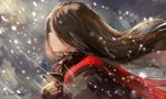  1girl brown_hair crying highres long_hair original pixiv_fantasia pixiv_fantasia_t scarf sishenfan solo upper_body very_long_hair wind 