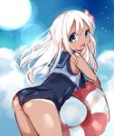  1girl bent_over blonde_hair blue_eyes crop_top flower hair_flower hair_ornament kantai_collection lifebuoy long_hair one-piece_tan open_mouth paragasu_(parags112) ro-500_(kantai_collection) sailor_collar school_swimsuit smile swimsuit swimsuit_under_clothes tan tanline 