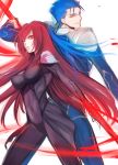  1boy 1girl back-to-back blue_hair bodysuit covered_navel fate/grand_order fate/stay_night fate_(series) gae_bolg jun_(ash) lancer lancer_(fate/grand_order) long_hair pauldrons ponytail red_eyes redhead simple_background very_long_hair white_background 
