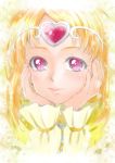  1girl circlet cure_muse_(yellow) earrings eunos face female hands_on_own_face heart jewelry long_hair magical_girl orange_hair pink_eyes precure shirabe_ako smile solo suite_precure 