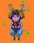  artist_name baggy_pants bell child dragon_ball dragon_ball_z earrings egyptian_clothes hakaishin_bills hands_on_hips helmet jewelry kabuto orange_background pants raku220p signature violet_eyes wrist_cuffs younger 