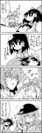  4girls 4koma bow comic cup detached_sleeves flat_gaze food fruit gap hair_bow hair_tubes hakurei_reimu hat hat_ribbon highres hinanawi_tenshi ibuki_suika kazami_yuuka long_hair mob_cap monochrome multiple_girls oni_horns open_mouth peach puffy_sleeves ribbon shaded_face shirt sleeping smile tani_takeshi teacup touhou translation_request wide_sleeves yakumo_yukari yukkuri_shiteitte_ne zzz 