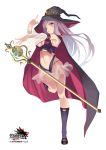  1girl baton breasts cape cleavage grand_harem hair_ornament hat long_hair midriff navel pink_eyes pokachu purple_hair revealing_clothes sachertorte see-through solo standing_on_one_leg very_long_hair witch_hat 