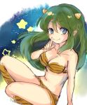  1girl bikini blue_eyes boots breasts cleavage collarbone finger_to_mouth green_hair knee_boots long_hair looking_at_viewer lum oni_horns paragasu_(parags112) shushing smile solo star swimsuit tiger_print urusei_yatsura very_long_hair 