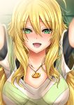  1girl blonde_hair breasts collarbone green_eyes hoshii_miki idolmaster jewelry long_hair marukome01 necklace open_mouth pendant shirt short_sleeves smile solo upper_body 