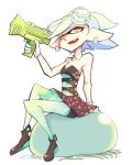  1girl :d dress earrings fangs gloves green_legwear highres holding hotaru_(splatoon) inaro jewelry mask object_on_head open_mouth orange_eyes pantyhose short_hair smile solo splatoon strapless_dress super_soaker white_gloves white_hair 