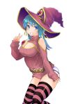  1girl absurdres blue_eyes blue_hair breasts cleavage dungeons_&amp;_princess fang grin hat highres jewelry necklace open-chest_sweater pink_legwear ribbed_sweater simple_background smile solo striped striped_legwear sweater takashi_moritaka thigh-highs v white_background witch_hat 