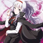  1girl black_jack black_jack_(copyright) black_jack_(cosplay) breasts crossdressinging female hairband idolmaster jacket knife kouchou long_hair ponytail scalpel shijou_takane silver_hair smile solo 