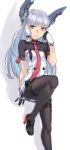  1girl bangs blunt_bangs deras gloves hair_ribbon headgear kantai_collection long_hair murakumo_(kantai_collection) pantyhose red_eyes remodel_(kantai_collection) ribbon sailor_dress school_uniform serafuku silver_hair smile solo 