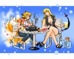  alternate_costume animal_ears azuki_osamitsu beer blonde_hair blush breasts casual chibi cleavage contemporary crossed_legs food fox_ears fox_tail gap grill heart ibuki_suika long_hair minigirl multiple_tails no_bra no_socks open_clothes open_shirt sandals shirt shoes short_hair shouzu_choukou sitting sneakers tail tongue touhou yakumo_ran yakumo_yukari yuri 