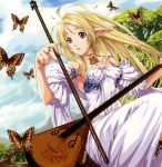  bare_shoulders blonde_hair blue_eyes butterfly dress eiwa elf fingernails highres instrument long_hair nail_polish pointy_ears ring solo white_dress 