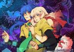  1girl blonde_hair blue_eyes bracelet constellation couple dress hair_ornament hairclip hug hug_from_behind ippus jewelry long_hair macross macross_frontier na_young_lee saotome_alto sheryl_nome 