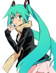  aqua_eyes aqua_hair bad_id hajimete_no_koi_ga_owaru_toki_(vocaloid) hatsune_miku hyakuen_raitaa long_hair scarf simple_background skirt solo twintails vocaloid 