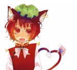  brown_hair cat_ears cat_tail chen earrings face hat hato_haru heart heart_tail jewelry multiple_tails red_eyes short_hair solo tail touhou 