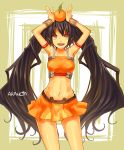  arancia armpits bad_id brown_hair character_name food fruit long_hair midriff ochakai_shinya orange orange_dress orange_eyes original skirt twintails 