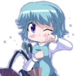  blue_hair blush geetsu rain short_hair solo tatara_kogasa tears touhou umbrella wink 