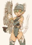  branch_(artist) branch_(blackrabbits) busou_shinki gears_of_war gloves green_eyes green_hair gun helmet lancer_(weapon) maochao tail thigh-highs thighhighs weapon 