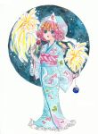  blue_eyes hat highres japanese_clothes kimono pink_hair saigyouji_yuyuko short_hair shoukimaru touhou traditional_media watercolor watercolor_(medium) 