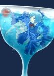  barefoot blue_eyes blue_hair bow cherry cirno cup dress drink feet floating food fruit glass hair_ribbon in_container in_cup minigirl ribbon s_kengo solo submerged touhou 