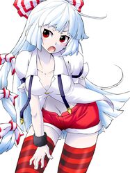  bow dress_shirt fujiwara_no_mokou hair_bow hair_ribbon highres long_hair midriff red_eyes ribbon shirt short_shorts shorts silver_hair striped striped_legwear striped_thighhighs suspenders thigh-highs thighhighs touhou 