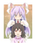  animal_ears azuma_takeshi brown_hair bunny_ears carrot ear_grab frown inaba_tewi jewelry lavender_hair long_hair looking_up multiple_girls necklace open_mouth orange_eyes rabbit_ears reisen_udongein_inaba short_hair touhou 