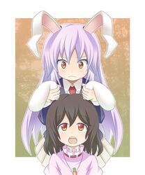  animal_ears azuma_takeshi brown_hair bunny_ears carrot ear_grab frown inaba_tewi jewelry lavender_hair long_hair looking_up multiple_girls necklace open_mouth orange_eyes rabbit_ears reisen_udongein_inaba short_hair touhou 