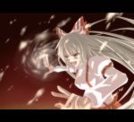  artist_request brown emu_ichigo fighting_stance fire fujiwara_no_mokou hair_ribbon letterboxed long_hair magic ofuda open_mouth pants red_eyes ribbon shirt silver_hair solo suspenders touhou very_long_hair white_shirt 