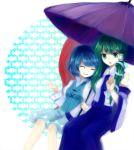  closed_eyes green_eyes green_hair karakasa_obake kochiya_sanae manukedori smile tatara_kogasa touhou umbrella 