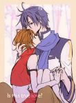  1girl blue_hair brown_hair couple forehead_kiss holding_hands kaito kiss male meiko norihe scarf short_hair vocaloid 