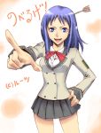  blue_eyes blue_hair hand_on_hip itoi_kaede noberuge pointing school_uniform short_hair skirt solo tatsubon translation_request 