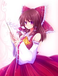  brown_hair detached_sleeves gohei hakurei_reimu japanese_clothes kurosu kurosu_rino miko purple_eyes ribbon solo touhou violet_eyes 