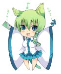  &gt;:3 :3 animal_ears bad_id blue_eyes blush cat_ears cat_tail chibi daive detached_sleeves fang green_hair hair_ornament happy kemonomimi_mode kochiya_sanae musical_note open_mouth simple_background solo suica tail touhou translated translation_request 