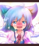  ahoge ayakashi_(monkeypanch) bad_id blue_eyes blue_hair bow cirno eyebrows hair_bow highres ice ribbon short_hair solo tears touhou wings 