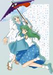 clog_sandals green_hair hashiko hashiko_(bilrost) heterochromia hug karakasa_obake kochiya_sanae skirt tatara_kogasa touhou umbrella
