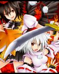  animal_ears bad_id black_hair black_wings detached_sleeves fan hat inubashiri_momiji multiple_girls red_eyes shameimaru_aya short_hair silver_hair sword tokin_hat touhou weapon wings wolf_ears yude 