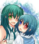  blue_hair green_eyes green_hair hand_holding heterochromia holding_hands kochiya_sanae myano tatara_kogasa touhou wink yueri_(yumi) 