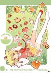  ahoge animal_ears blonde_hair bob_cut cake caramell_(sayori) cat_ears food food_themed_clothes highres ideolo kneehighs legs_up lying miniskirt necktie orange_eyes original pastry pleated_skirt sayori short_hair single_shoe skirt sleeves_past_wrists smile socks solo sweets tail thigh-highs thighhighs white_legwear zettai_ryouiki 