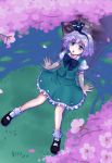  :o arm_support blue_door blue_eyes bobby_socks bowtie cherry_blossoms from_above hairband konpaku_youmu leaning_back looking_up mary_janes open_mouth petals shade shoes short_hair silver_hair sitting socks touhou tree 