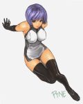  arms_behind arms_behind_back bare_shoulders black_eyes black_legwear blue_hair bodysuit breasts cleavage commentary elbow_gloves from_above gloves jayun large_breasts lowres original short_hair simple_background sitting solo thigh-highs thighhighs zettai_ryouiki 