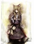  brown_hair dress hand_on_hip highres holo long_hair red_eyes solo spice_and_wolf tail wolf_ears yosshi_(pixiv) 