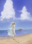  arms_behind bare_shoulders barefoot beach blonde_hair bow cloud clouds commentary dress from_behind hair_bow hand_holding holding_hands jayun long_hair ocean original ponytail scenery see-through solo walking white_dress wind 