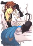  arthur_(code_geass) bad_id brown_hair cat code_geass gloves green_eyes kururugi_suzaku male open_clothes open_shirt shirt solo sumitani 