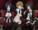  black_hair boots brown_hair chrome_dokuro crossed_legs eyepatch formal harem katekyo_hitman_reborn katekyo_hitman_reborn! miura_haru momoiro_tanuki multiple_girls necktie ponytail popsicle purple_hair sasagawa_kyoko sasagawa_kyouko short_hair sitting thighhighs zettai_ryouiki 