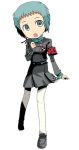  :o blue_eyes blue_hair chibi green_eyes green_hair loafers open_mouth pantyhose parody persona persona_3 ribbon school_uniform sekaiju_no_meikyuu short_hair simple_background skirt solo white_legwear white_pantyhose yamagishi_fuuka 