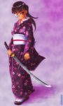  blush brown_eyes dr_rex eyepatch highres japanese_clothes kimono long_hair ponytail sakamoto_mio sandals solo strike_witches sword weapon 
