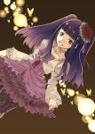  blue_eyes blue_hair blunt_bangs butterfly choker dress dutch_angle frills furudo_erika grin hair_ornament hime_cut lolita_fashion mizuryu_kei mizuryuu_kei pantyhose purple_hair skirt_hold smile solo umineko_no_naku_koro_ni 