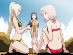  3girls bare_shoulders barefoot bikini blonde_hair blue_eyes blue_hair breast_squeeze feet female green_eyes hair_over_one_eye haruno_sakura highres hyuuga_hinata kakkii kneeling leaning_forward long_hair naruto open_mouth pink_hair ponytail short_hair sitting smile swimsuit white_eyes yamanaka_ino 